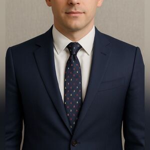 Roundtree & Yorke Silk Christmas Tree Tie Navy Holiday Made in USA